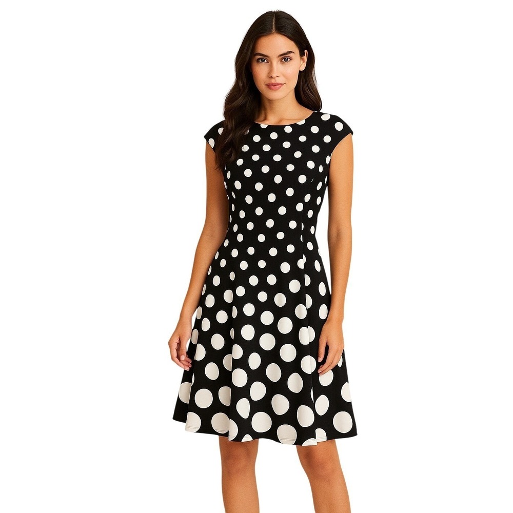 London Times Women's Size 10 Black & White Polka Dot Fit & Flare Dress
